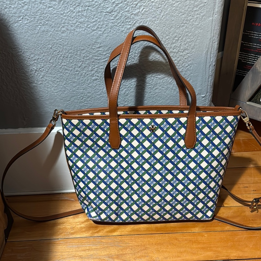 Tory Burch Blue and Brown Patterned Tote